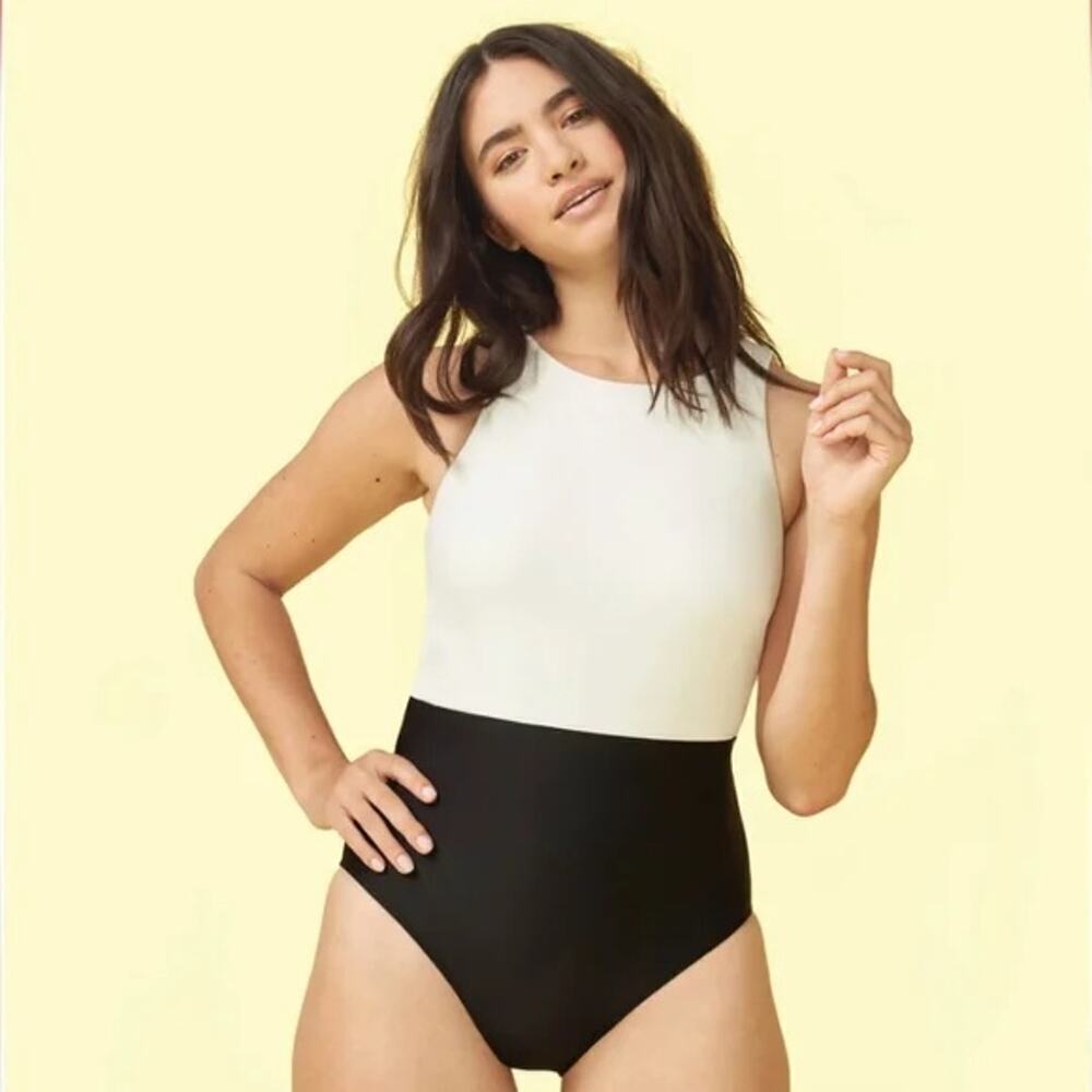 Summersalt Women's Black White High Neck Open Back One Piece Bathing Suit Size 6